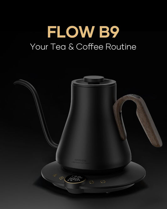 Cocinare FLOW B9 Gooseneck Electric Kettle, Precise Temperature Control for Pour-Over Coffee & Tea Brewing, Stainless Steel Interior, Rapid Heating for Boiling Water 1500W/0.9L (Black Walnut)
