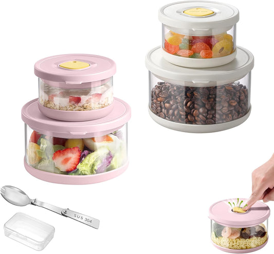 Glass Food Storage Containers with Airtight Lids, 33.8oz & 11.8oz High-Borosilicate Glass Meal Prep Containers with Spork, Bento Lunch Boxes for Salad, Ramen, Soup, Fruit - 4 Pack, Pink/White