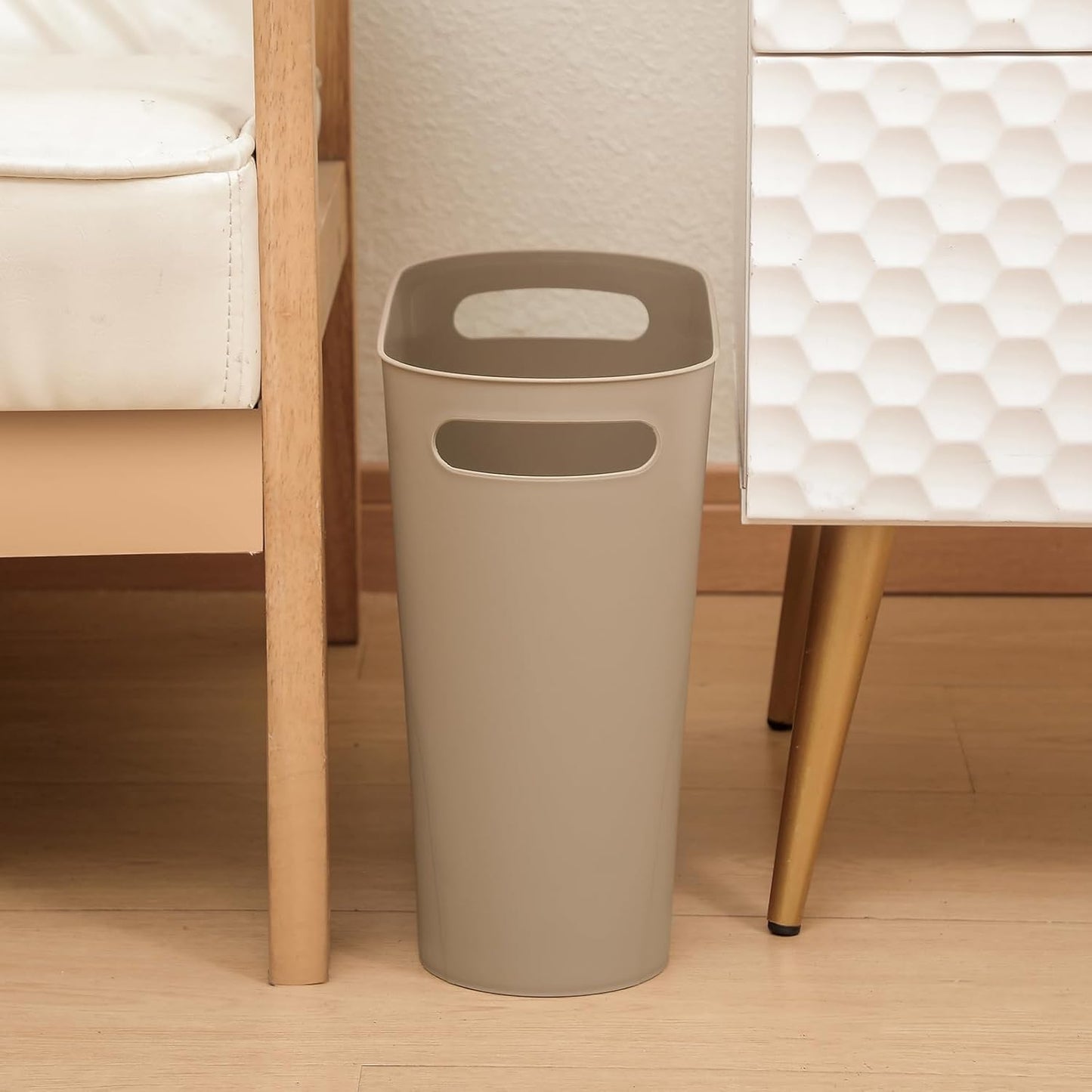 rejomiik Small Trash Can, Slim Garbage Can Plastic Waste Basket with Handles 3.5 Gallon Container Bin for Narrow Spaces Bathroom, Bedroom, Kitchen, Office at Home, 2 Pack Khaki