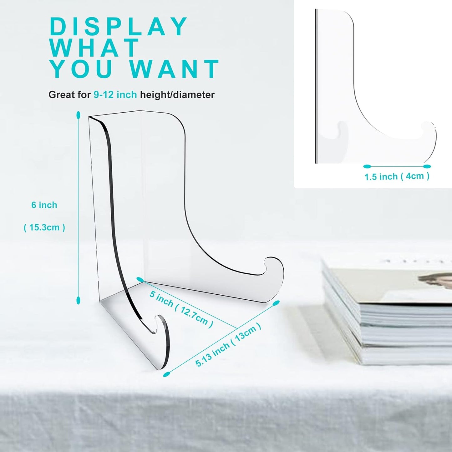 Boloyo Flat Back Acrylic Plate Display Stand, 6 Inch 2PC Clear Acrylic Display Holder Easel Base for Home Office Kitchen School Art Display