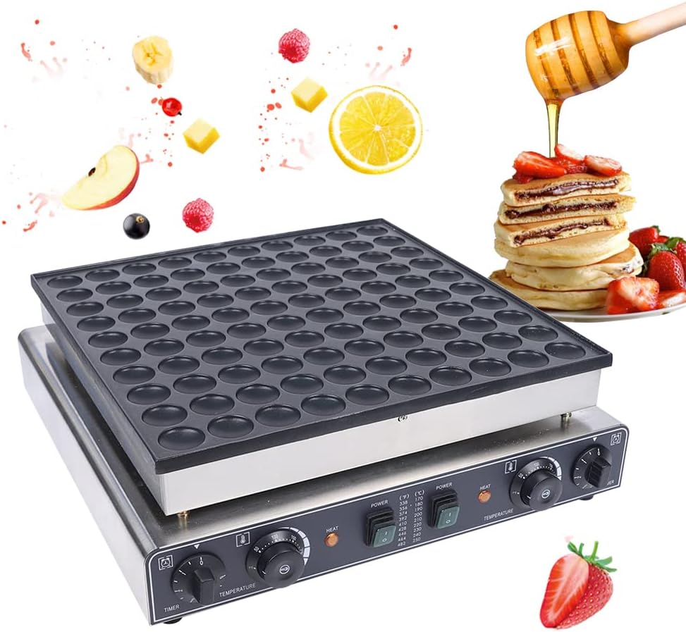 3400W Commercial Mini Pancake Maker, 100 Grids Electric Mini Pancake Griddle Non-Stick Stainless Steel Dutch Pancakes Maker w/Time & Temper Adjustable|Egg Whisk|Food Clip, Large Waffle Machine