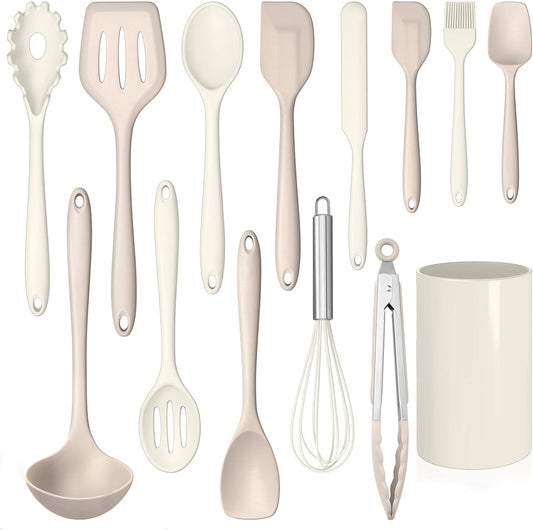 LIANYU Kitchen Utensils Set with Holder, 14 Pcs Silicone Cooking Utensils Spatula Set, Heat Resistant Cookware Tools Includes Spoon Turner Whisk Tong, Dishwasher safe, Khaki White