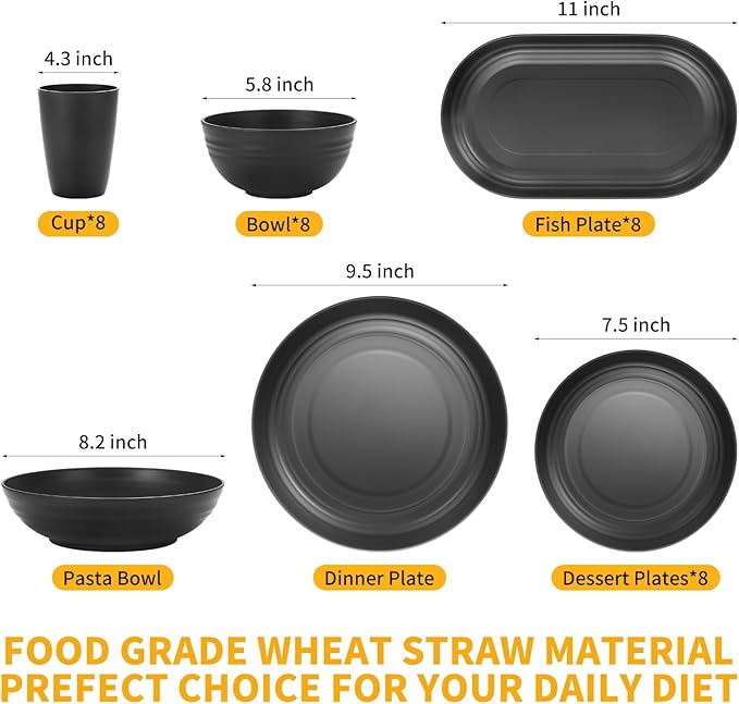 Lazycorner 48-Pcs Kitchen Wheat Straw Dinnerware Set, Service for 8, Plastic Reuasble Dinner Dishes Serving Plate Set for Kitchen, Including Dinner Plate, Dessert Plate, Bowl, Cup(Black)