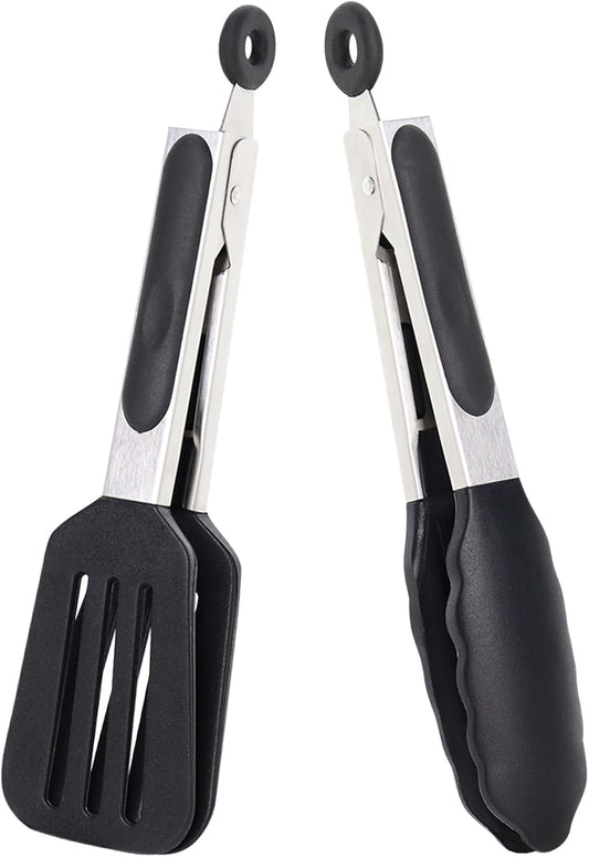 Mini Silicone Tongs Set of 2, Small Serving Tongs (7 inch) with Silicone Tips and Stainless Steel Handle, Great for Steaks, Salads, Vegetables