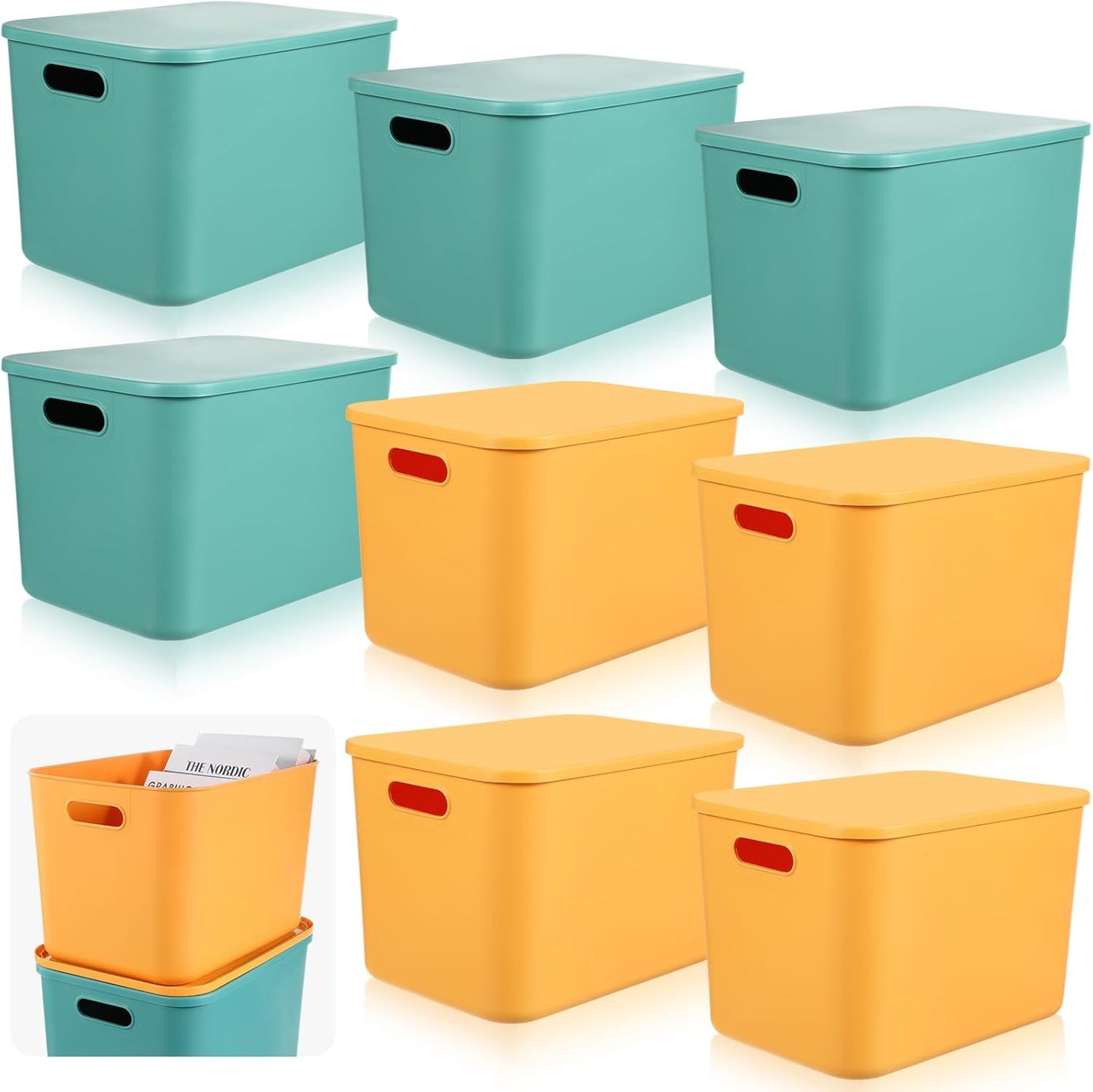 Hoolerry 8 Pieces Colorful Storage Bins with Lid, Plastic Storage Basket Organizing Container Stackable Box with Handle for Shelves Desktop Playroom Office(14.2 x 10.2 x 9.5 Inch,Green and Yellow)
