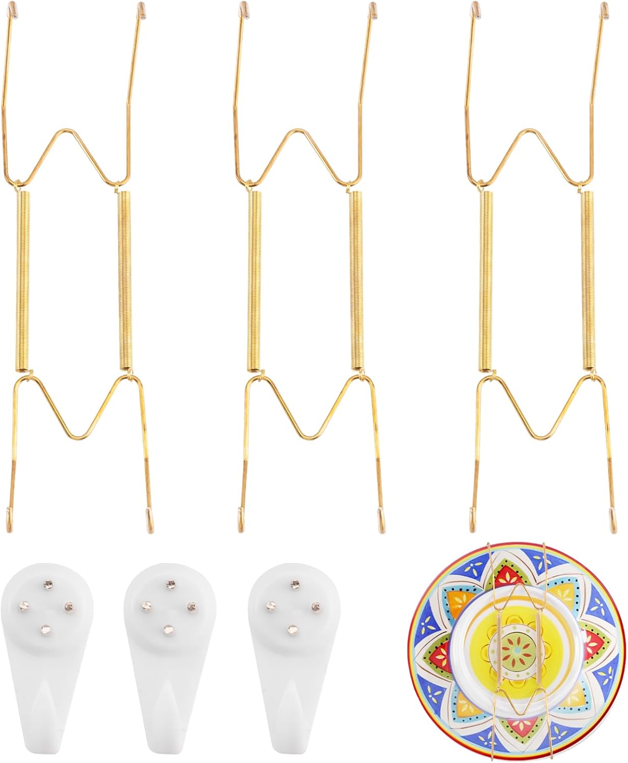 3 Pack Plate Hangers for The Wall Suitable for 9-11 inch Small Decorative Plate, Invisible Stainless Steel Plate Hangers for Display with Wall Hooks, for Plates/Platter/Dish/Picture(Gold)