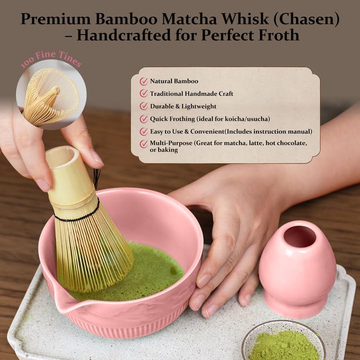 7PCs Pink Matcha Whisk Set Traditional Japanese Matcha Kit with Whisk and Bowl Matcha Making Accessories Bamboo Chasen Tea Spoon Holder Sifter Tea Towel Ceremony Macha Tea Set for Beginners