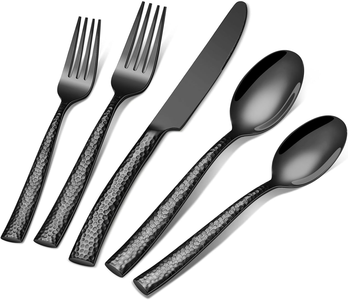 Black Silverware Set, Ollex 60-Piece Heavy Duty Hammered Flatware Set for 12, Food-Grade Stainless Steel Knives Forks and Spoons Utensil Set, Mirror Cutlery Set for Home Restaurant, Dishwasher safe