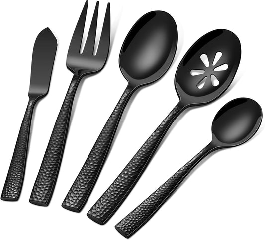 Stainless Steel Large Serving Utensils with Hammered Serving Spoon, Slotted, Serving Fork,Butter Knife,Sugar Spoon Hostess Black Serving Utensil Set for Parties,Buffet,Dishwasher Safe