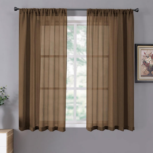Tollpiz Short Sheer Curtain Linen Textured Living Room Curtains Sheer Light Filtering Rod Pocket Voile Curtain for Bedroom, 42 x 54 inches Long, Brown, Set of 2 Panels