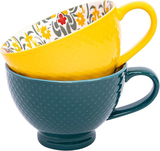 Topadorn Ceramic Coffee Mugs with Handle Set of 2, Hand-Painted Floral Pattern Ceramic Soup Mugs for Salad, Cappuccino, Cereal, Milk, Latte, Tea, Cocoa, Breakfast Oatmeal Cups(Green & Yellow)
