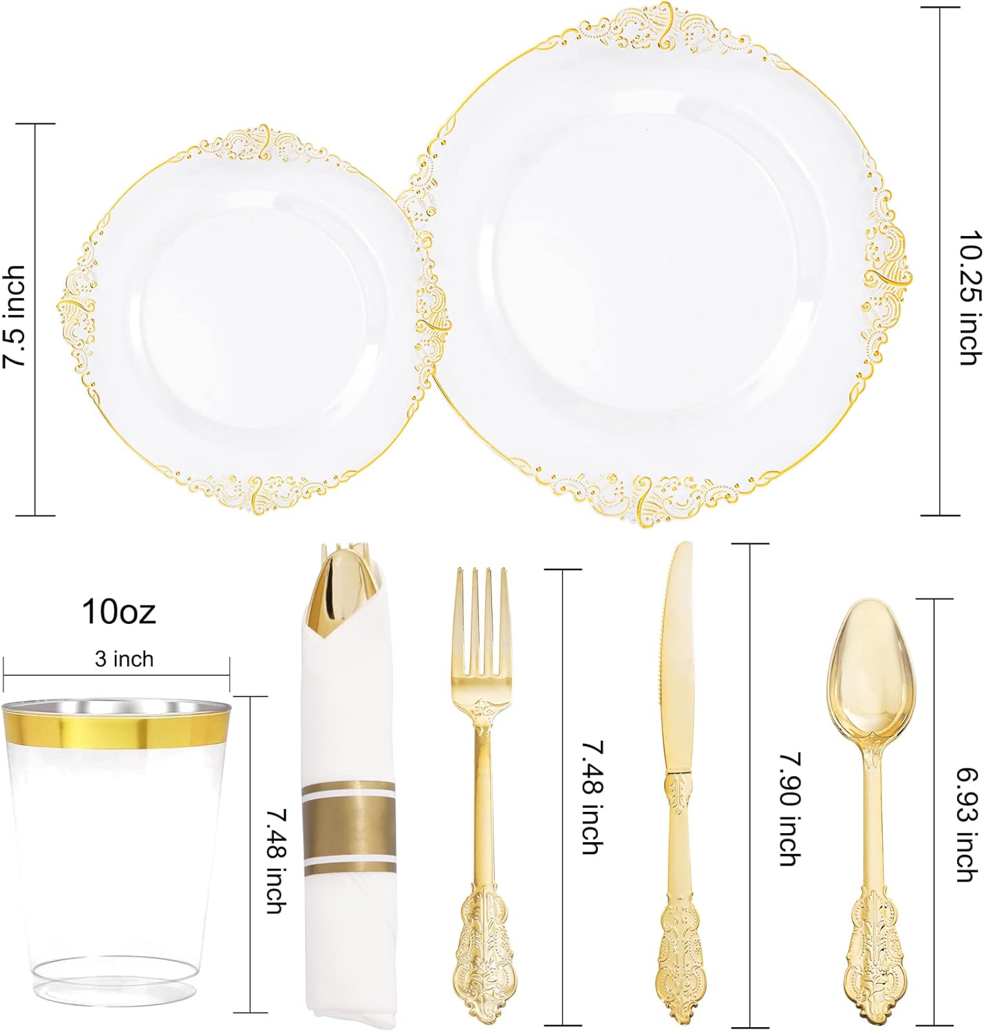 Hioasis 210pcs Clear and Gold Plastic Plates - Elegant Disposable Dinnerware Set Suitable for 30 Guests Include 10.25" Dinner & 7.5" Dessert Plates, Pre Rolled Silverware Set, Cups for Party & Wedding