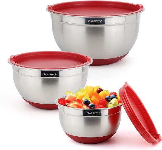 MARSKITOP Stainless Steel Mixing Bowls with Lids Set, Nesting Mixing Bowls with Airtight Lids, Measurement Marks and Red Non-Slip Bottoms, Great for Mixing and Serving, 1.5QT & 3QT & 5QT