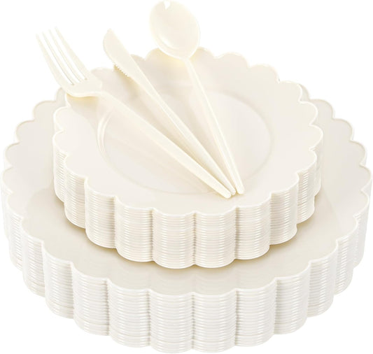 WONDERFUL 150 Pcs Ivory Plastic Plates for Party Disposable Heavy Duty Thanksgiving Plates Ivory Plastic Dinnerware Sets for 30 Guests - 60 Disposable Plate 90 Silverware Sets Scalloped Vintage Design