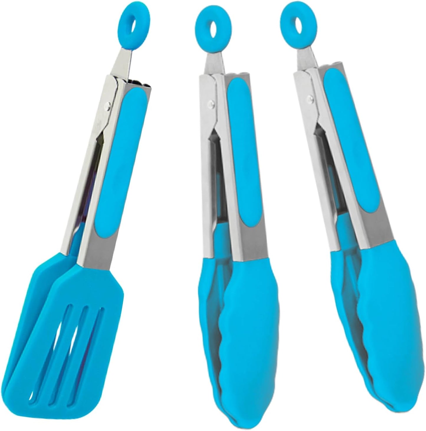 Small Serving Tongs Set of 3, Mini Tongs (7 inch) with Silicone Tips and Stainless Steel Handle, Great for Steaks, Salads, Vegetables(Blue)