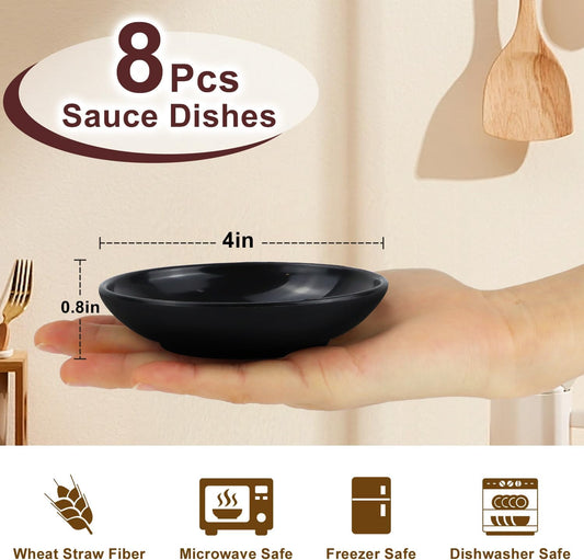 4 Inch Dipping Bowls 8 Pieces, Lightweight and Unbreakable Wheat Straw Plates, Small Soy Sauce Dishes, Small Serving Bowls for Side Dishes, Condiment, Appetizer (Black)