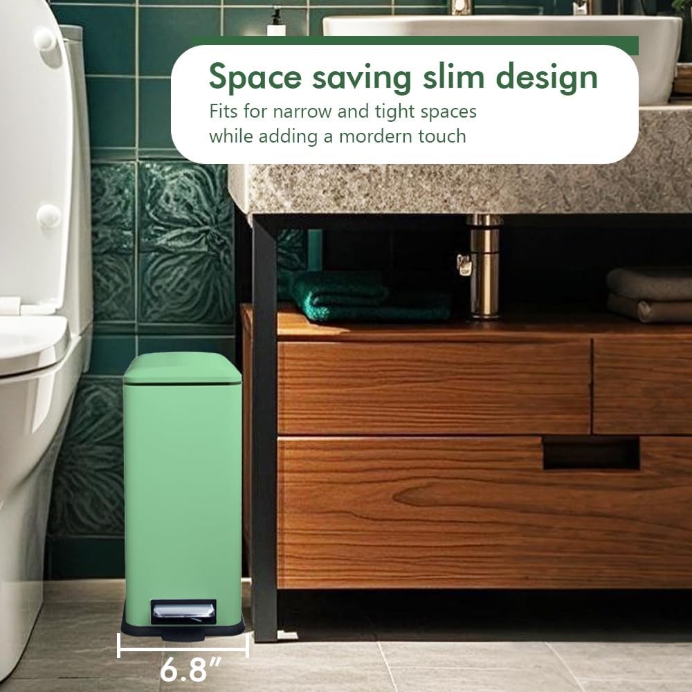Bathroom Trash Can, 2.6 Gallon Green Trash Can with Soft-Close Lid, Pedal Bin, Inner Buckert, Slim Garbage Can for Home, Kitchen, Laundry Room, Office, Bedroom, Bathroom.