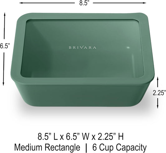 Ceramic Coated Glass Food Storage Container | No PTFE, PFOA, PFAS, and BPA | Reusable Non Toxic Meal Prep Container with Glass Lid | Easy To Store | 6 Cup Rectangle [Pine]