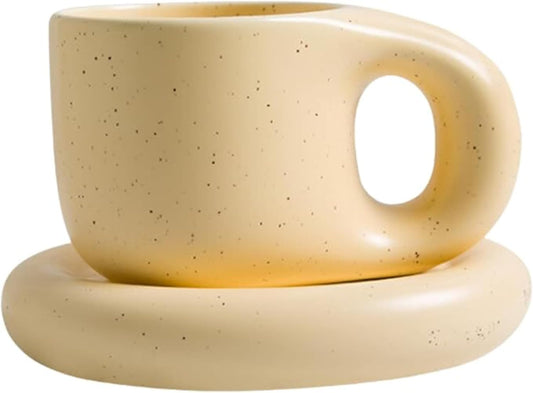 10oz Nordic Ceramic Coffee and Tea Mug – Cute Cup and Saucer Perfect for Coffee Lovers Gifts and Kitchen Essentials (Beige)