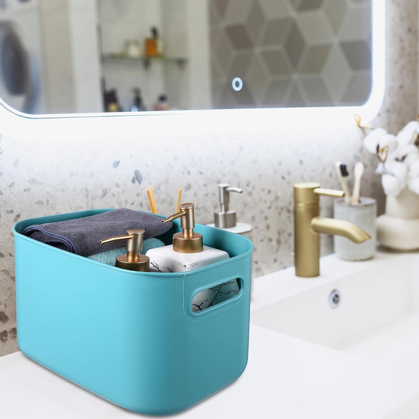 Hoolerry 8 Pieces Colorful Storage Bins with Lid, Plastic Storage Basket Organizing Container Stackable Box with Handle for Shelves Desktop Playroom Office(10.2 x 7 x 6.3 Inch,Green and Yellow)