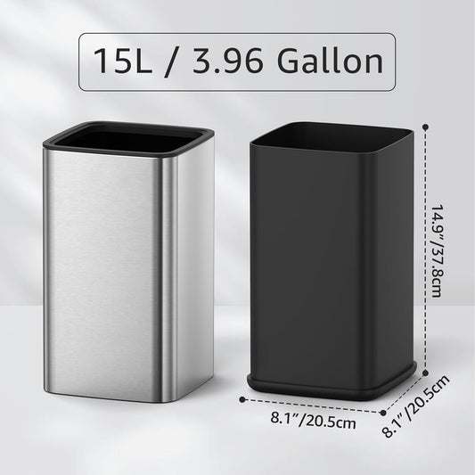 Mbillion 4 Gal/15L Open top Trash Can with Removable Inner Bucket Small Waste Basket, Metal Trash Can for Bathroom Office,Stainless Steel