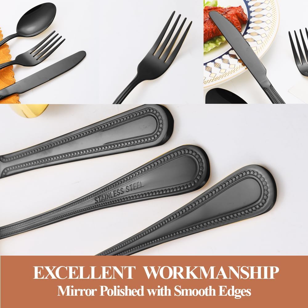 40 Pcs Black Silverware Set for 8 with Pearled Edge Handle design, Food Grade Stainless Steel Flatware Set, Eating Utensils Sets Include Fork/Knife/Spoon, Reusable Cutlery Set, Dishwasher Safe