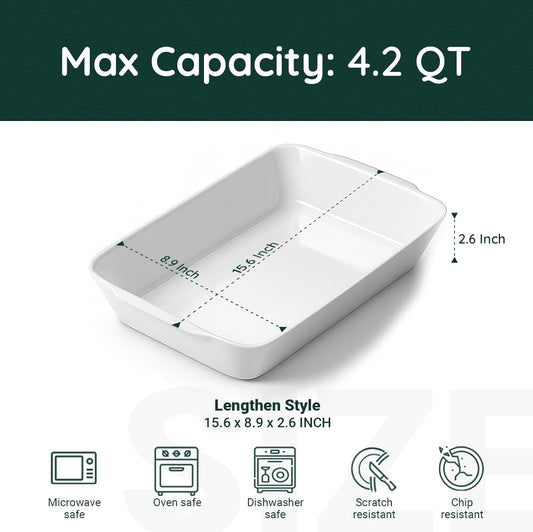 4.2 QT White Casserole Dishes for Oven, Baking dishes with Roasting Racks, Rectangular Lasagna Pan with Handles for Baking, Ceramic Baking Pan, Microwave Oven Safe