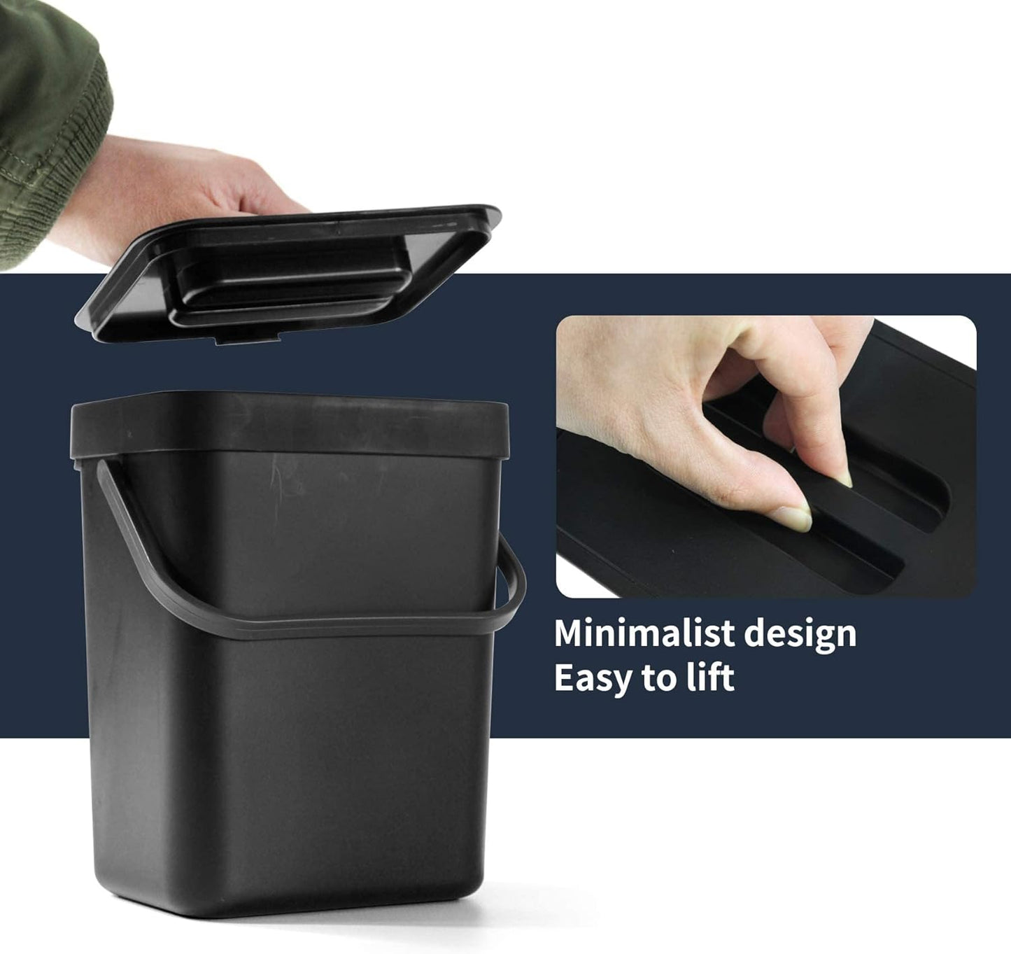 Domiella 2 Pack Hanging Small Trash Can with Lid (1.3 + 0.8 Gal), Kitchen Compost Bin for Countertop or Under Sink, Mountable Food Waste Bin for Cabinet, Bathroom, or RV Use (Black)