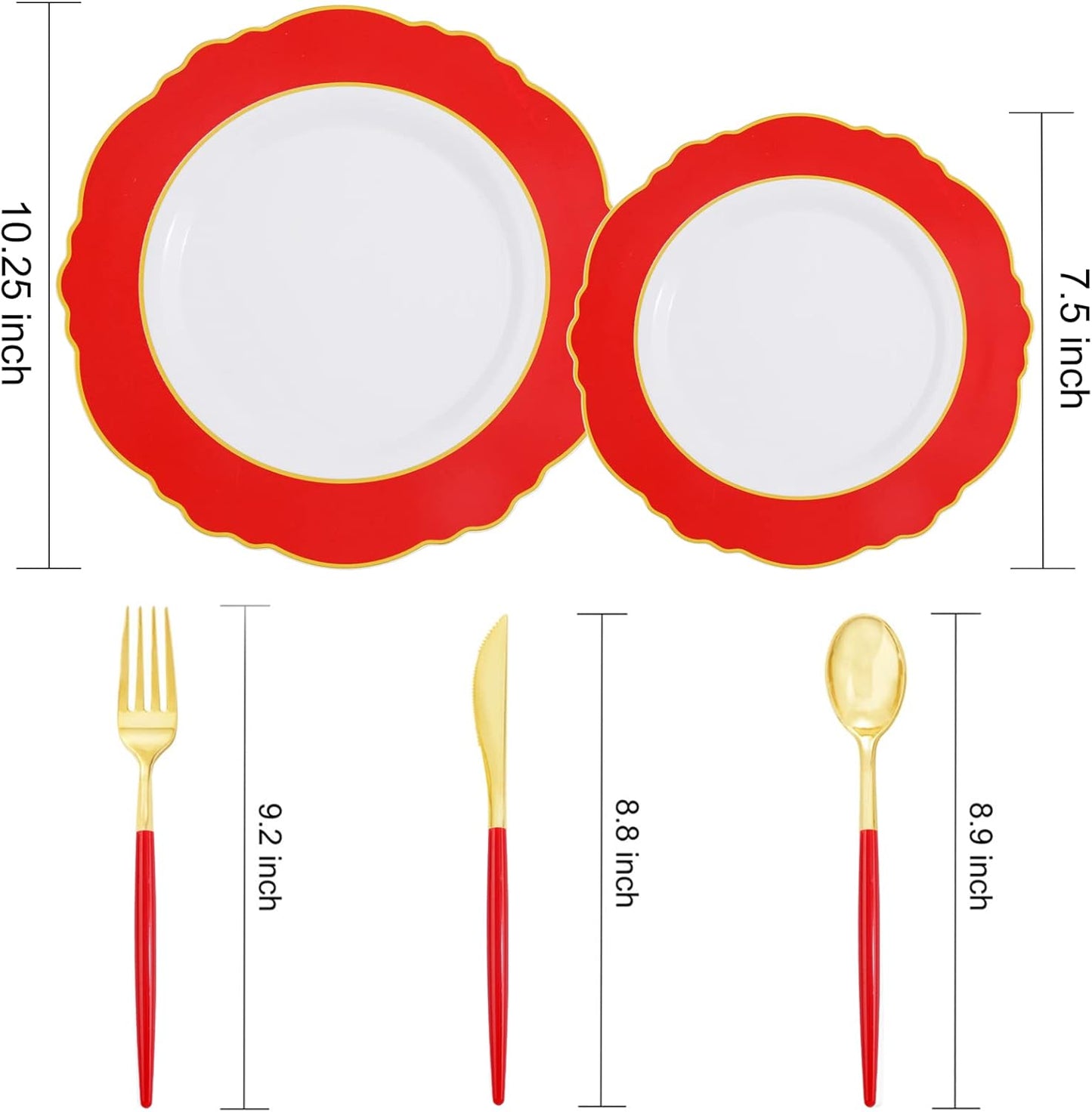 WDF 30Guest Red 4th of July Plates - Gold Plastic Silverware With Red Handle - Christmas Plates Disposable- Baroque Plastic Dinnerware for 4th of July