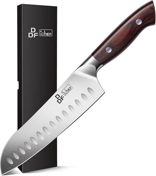 DDF iohEF Kitchen Knife 7 inch Chef Knife Professinal Santoku Knife, Japanese Stainess Steel Ultra Sharp Cooking Knife with Ergonomic Handle for Chopping Vegetable and Cooking