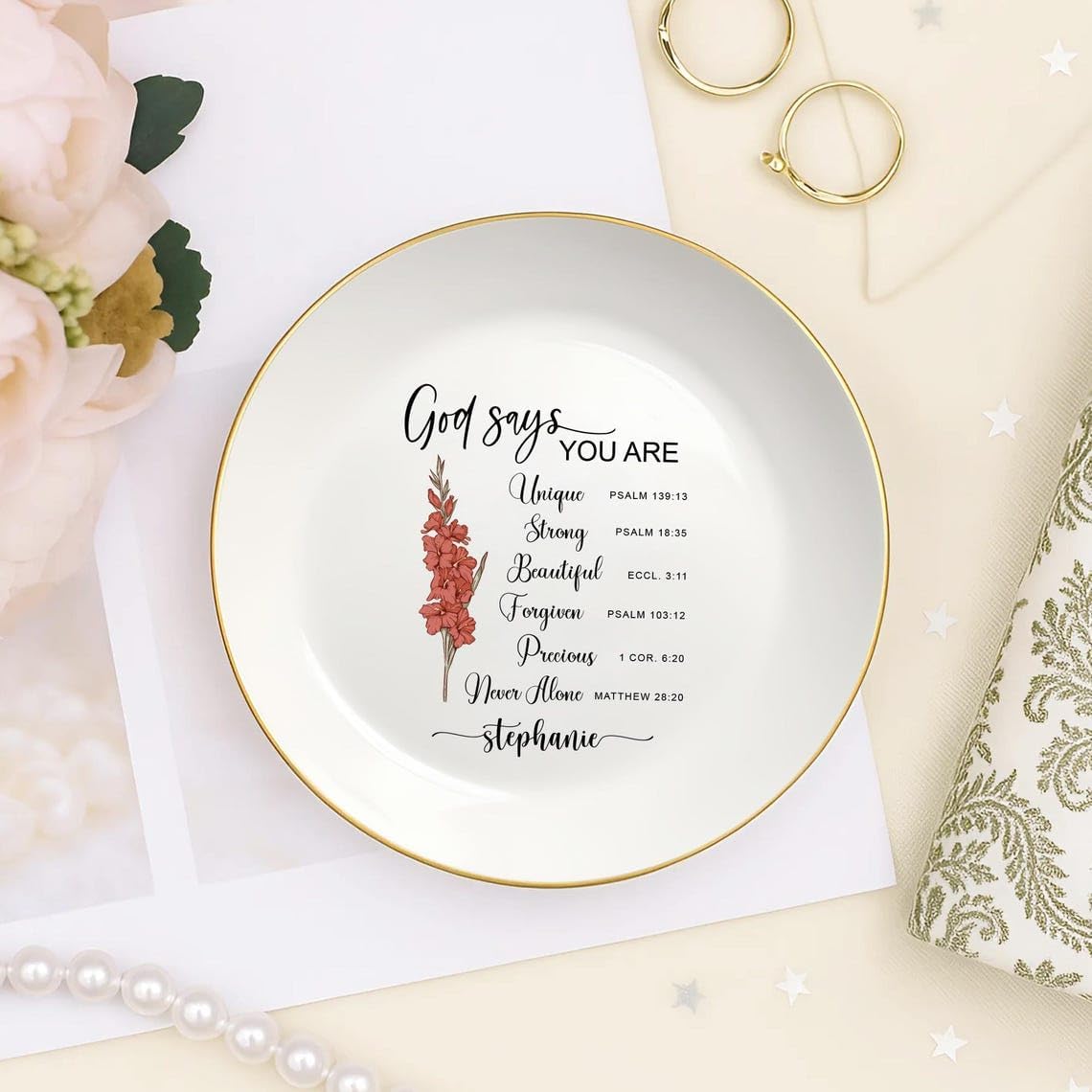 V-DECORPARKS Personalized God Says You Are Jewelry Storage with Birth Flower – Custom Christian Ring Holder for Women, Faith Bible Verse Gift, Ceramic Trinket Storage for Mom, Grandma, Daughter