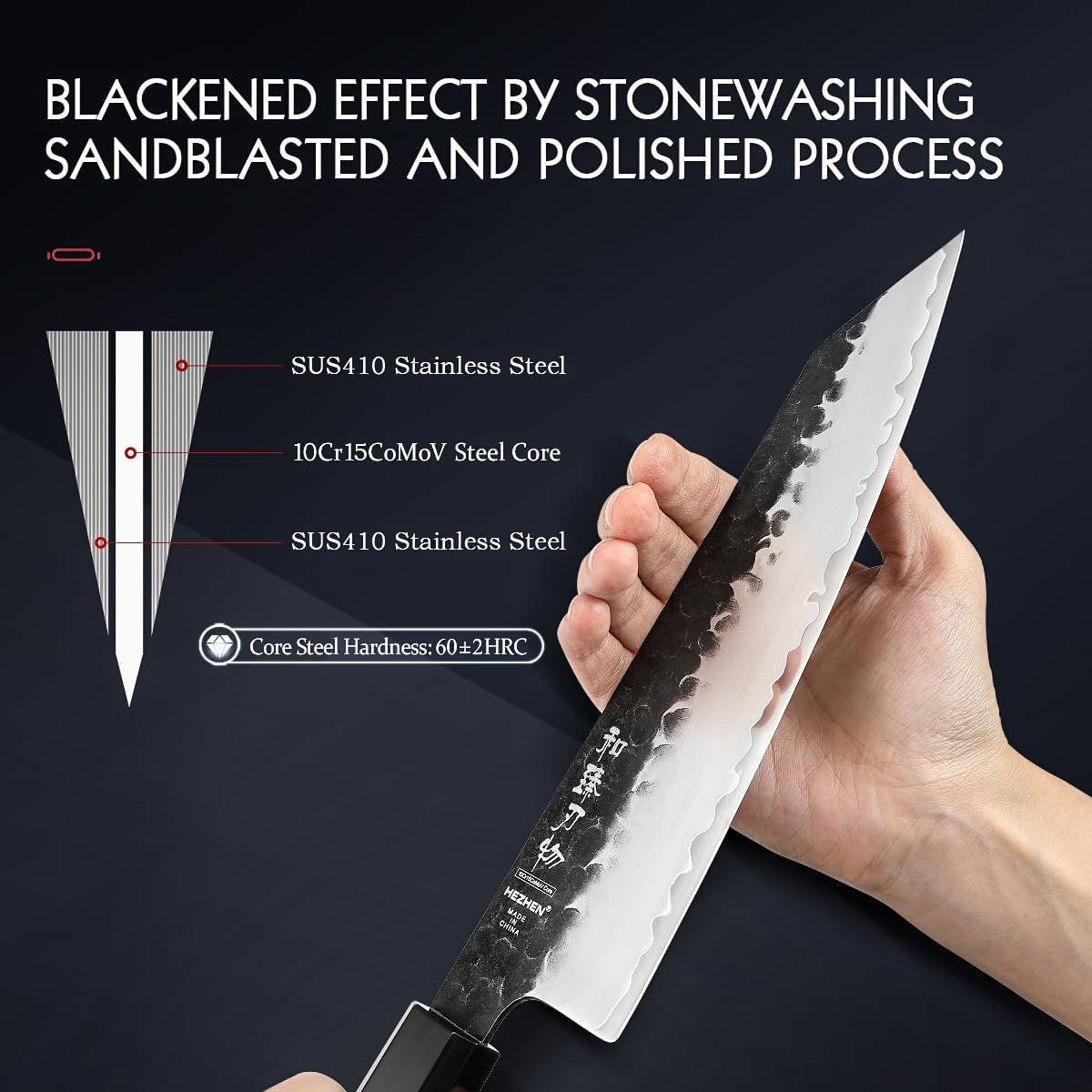 HEZHEN- 8.5” Chef Knife, 3 Layers High Carbon Clad Steel Kiritsuke Knife, Composite Forging Steel, Professional Japanese Kitchen Knife, Redwood Octagonal Handle With Wooden Knife Sheath