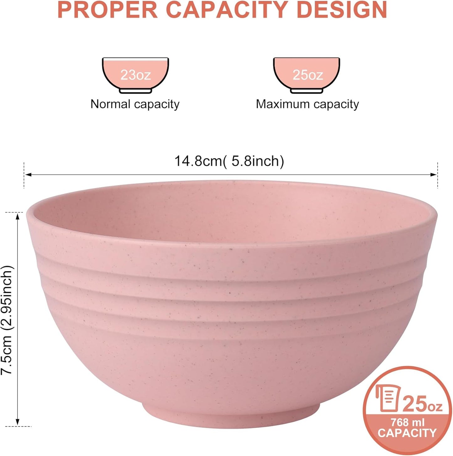 HOTEC Unbreakable Wheat Straw Cereal Bowls - Microwave & Dishwasher Safe Soup and Salad Bowls, Set of 8, 26oz, BPA Free,Pink