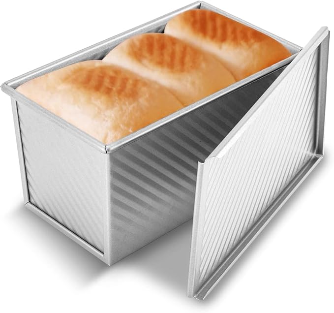 KITESSENSU Pullman Loaf Pan with Lid, 1 lb Dough Capacity Non-Stick Bakeware for Baking Bread, Carbon Steel Corrugated Bread Toast Box Mold with Cover for Baking Bread, Silver