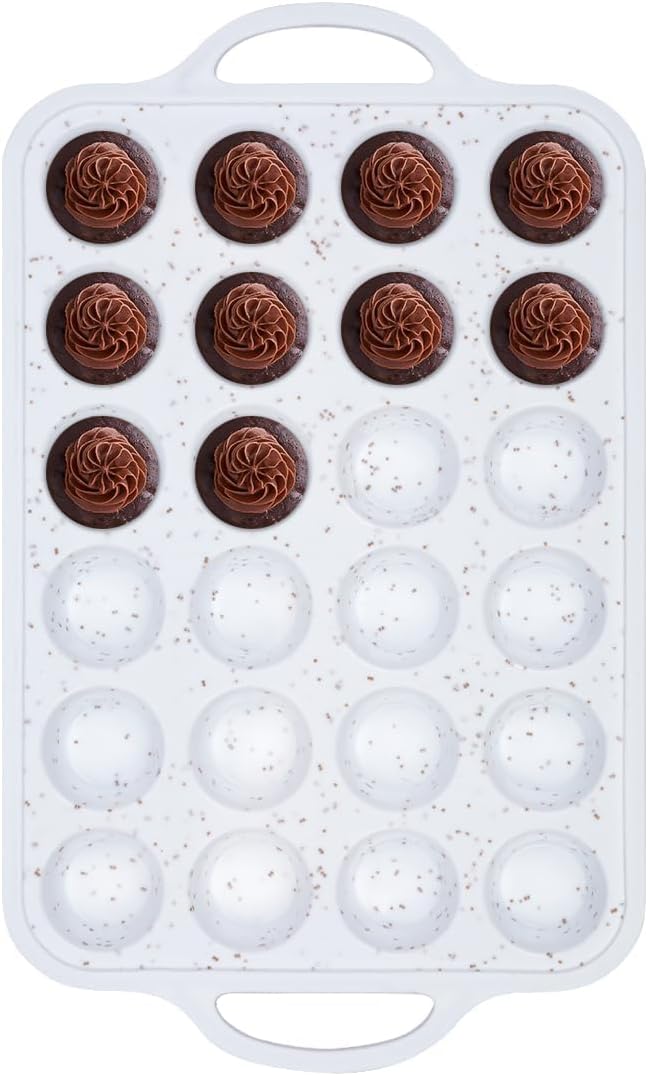 Muffin Pan With Stainless Steel Reinforced Frame - 24 Cups Durable Silicone Baking Pan for Muffins, Cupcakes, BPA Free and Dishwasher Safe - White with Coffee Spots - 1 Piece