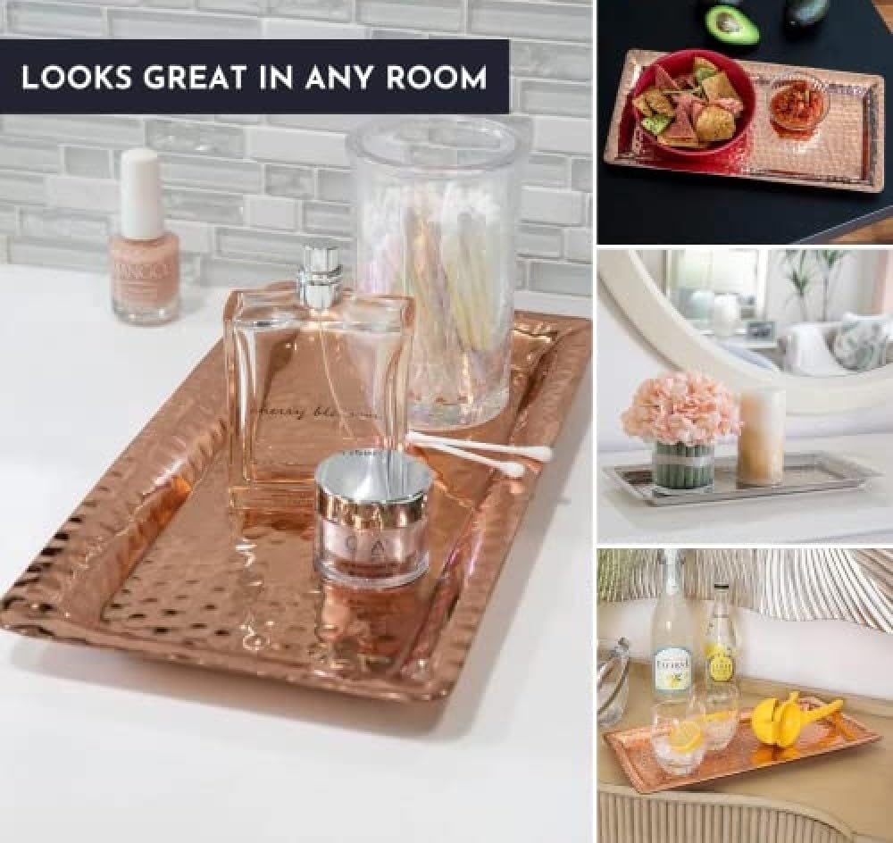 Monarch Abode Hand Hammered Aluminum Serving Tray, 16-Inch Copper Plated– Rectangle Serving Platter, Large Serving Tray for Party, Fruit Platter, Dessert Trays, Serving Dishes