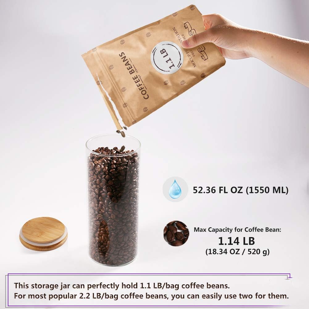 Glass Coffee Bean Container, 52.36 FL OZ (1550 ML), [Thickened Version] 77L Glass Food Storage Jar with Airtight Seal Bamboo Lid - Clear Food Storage Canister for Serving Tea, Coffee, Spice and More