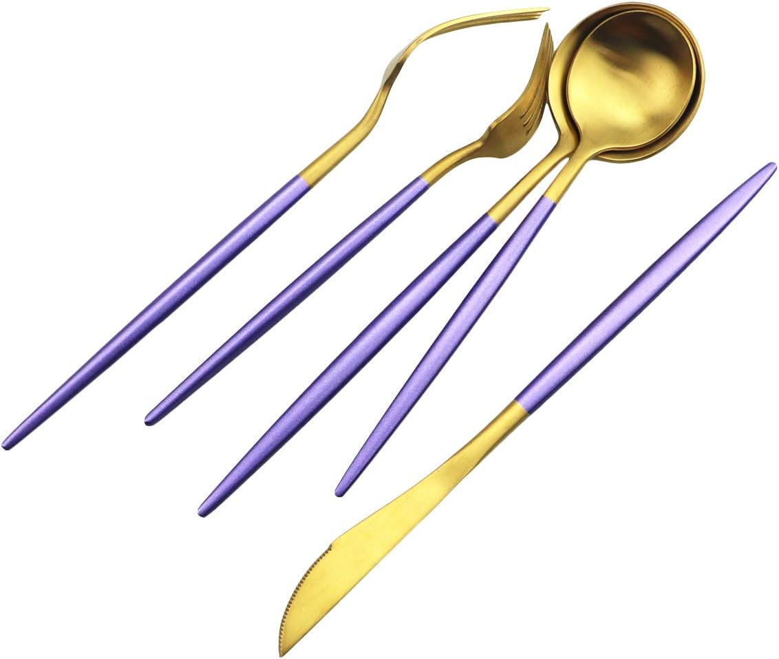 JASHII Silverware Sets, 20-Piece Purple Flatware 18/10 Stainless Steel Heavy Weight Forged Cutlery Eating Utensils Forks Spoons Knives Set Tableware Service for 4 Matte Finished (Purple & Gold)