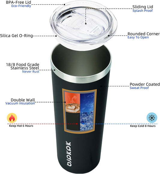 BJPKPK Black Skinny Stainless Steel Tumblers 20 oz Slim Insulated Reusable Coffee Travel Water Tumbler Cup With Lid