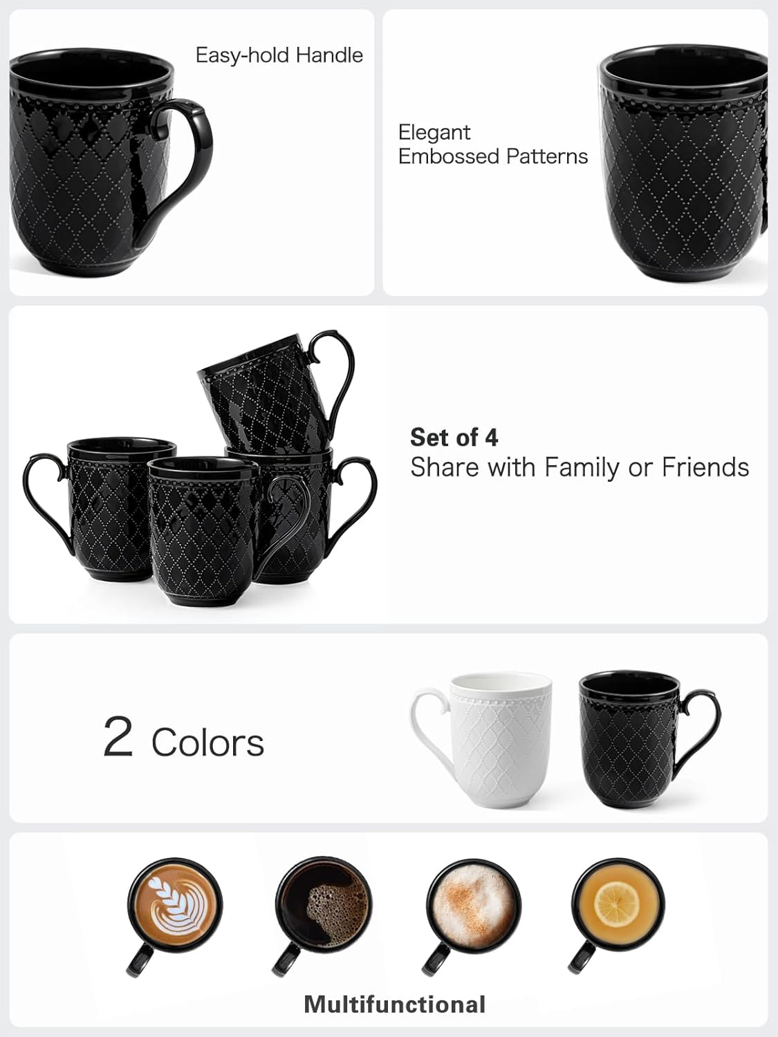 Kanwone Coffee Mugs 16oz, Ceramic Mugs Set, Porcelain Cups with Handle for Latte, Hot Tea, Cappuccino, Mocha, Cocoa, Housewarming Wedding Gift, Microwave and Dishwasher Safe, Set of 4, Black
