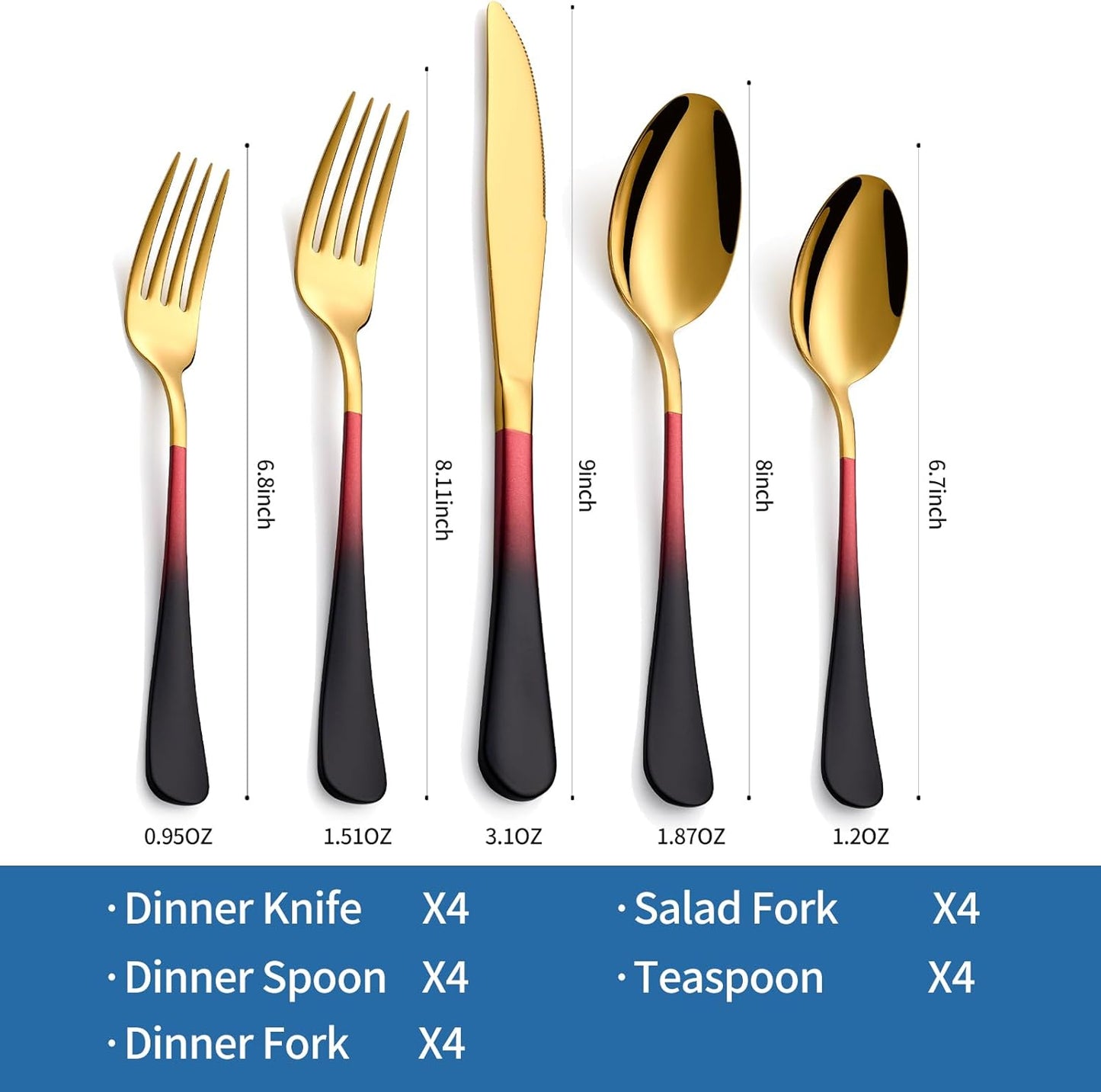 20-Piece Black Red Gold Silverware Set, 18/0 Stainless Steel Colorful Handle Flatware Set,Service for 4,Modern Cutlery Set Includes Dinner Knives Forks Spoons,Mirror Polished,Dishwasher Safe