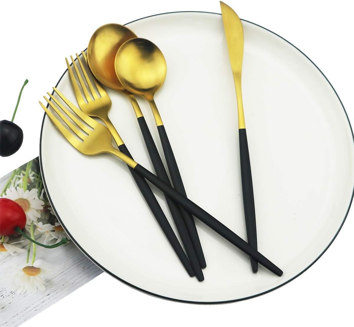 40-Pieces Silverware Set, Flatware Sets Satin Finish, 304 Stainless Steel Utensils Dishwasher Safe Service for 8, Include Dinner Knife/Fork/Spoon Dinnerware Sets (Matte Black Gold)