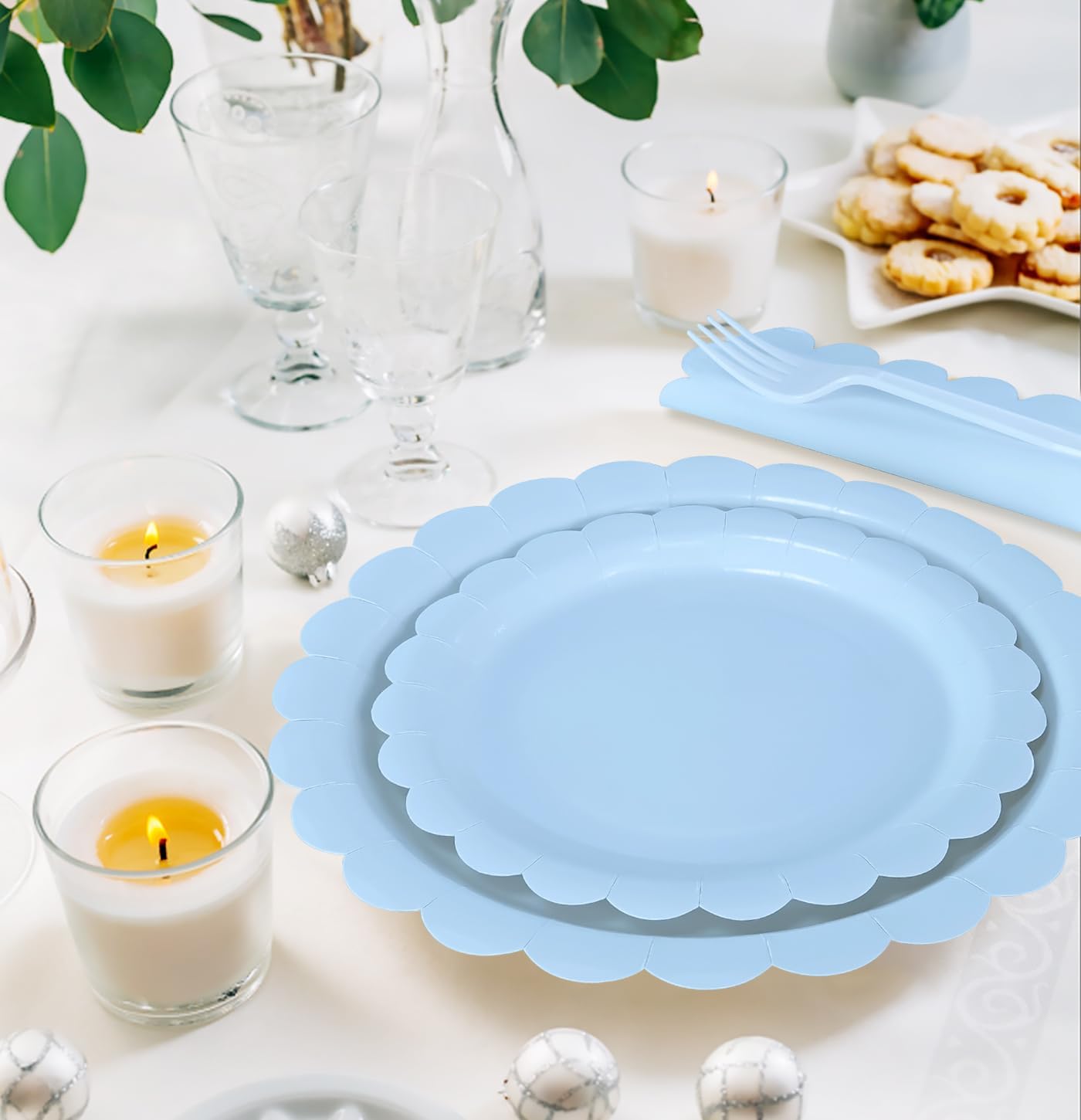 96 Pcs Light Blue Plates and Napkins Party Supplies Serve 24 Guests Including Blue Scalloped Paper Plates and Napkins Plastic Forks for Baby Shower Birthday Party Disposable Dinnerware Set