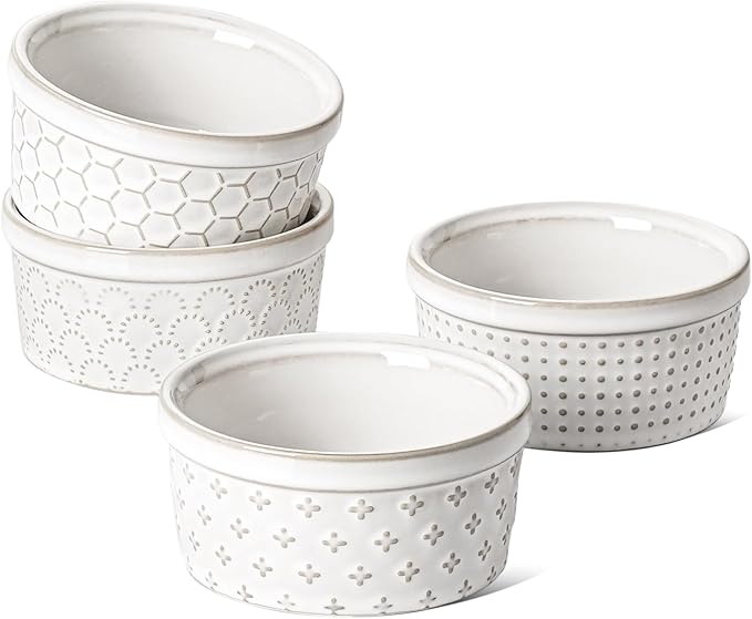 LE TAUCI Ramekins 6 oz, Ramiken for Creme Brulee, Lava Cake,Pudding, Souffle, Small Sauce Bowl,Ceramic Baking Dishes- 4 inch, Set of 4, Arctic White