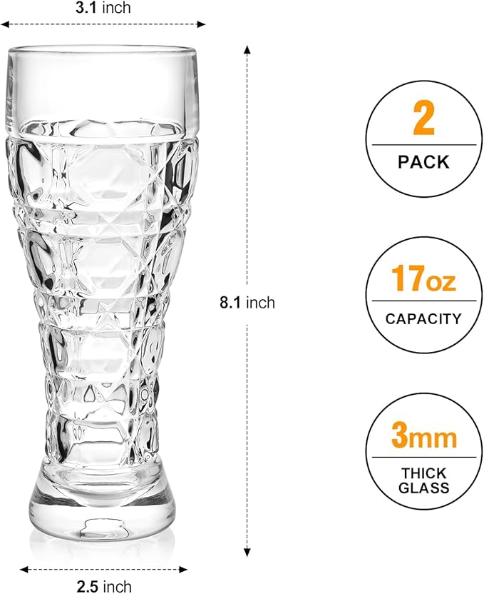 Beer Glasses Set of 2,17 oz Glasses Drinking Set, Craft Beer Glasses for Freezer Supply Aroma Retention, Tall Beer Cups, Mugs and Glassware Gifts for Men