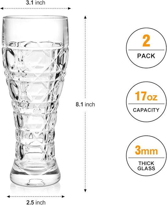 Beer Glasses Set of 2,17 oz Glasses Drinking Set, Craft Beer Glasses for Freezer Supply Aroma Retention, Tall Beer Cups, Mugs and Glassware Gifts for Men