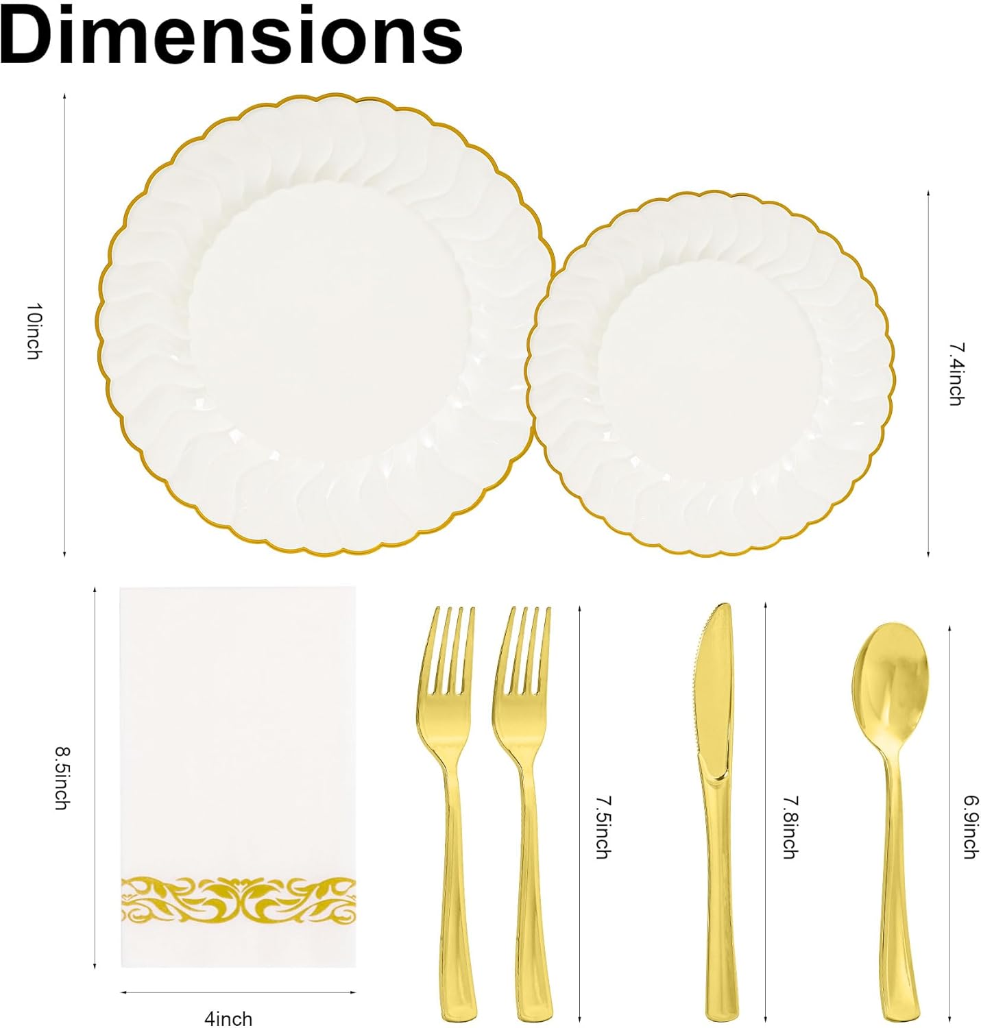 Lullaby 140PCS Elegant Disposable Dinnerware Set – 40 Ivory Scalloped Gold-Trim Plates (20 Dinner, 20 Dessert), 40 Forks, 20 Spoons, 20 Knives & 20 Napkins – Fancy Plastic Plates for 20 Guests
