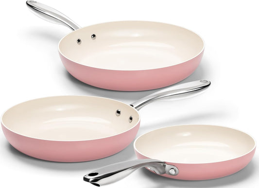 MICHELANGELO Non Stick Frying Pans Set - Ceramic Frying Pans Nonstick, 8'', 9.5'' & 11'' Nonstick Frying Pan Set, Non-Toxic, Ceramic-Coated, Pink