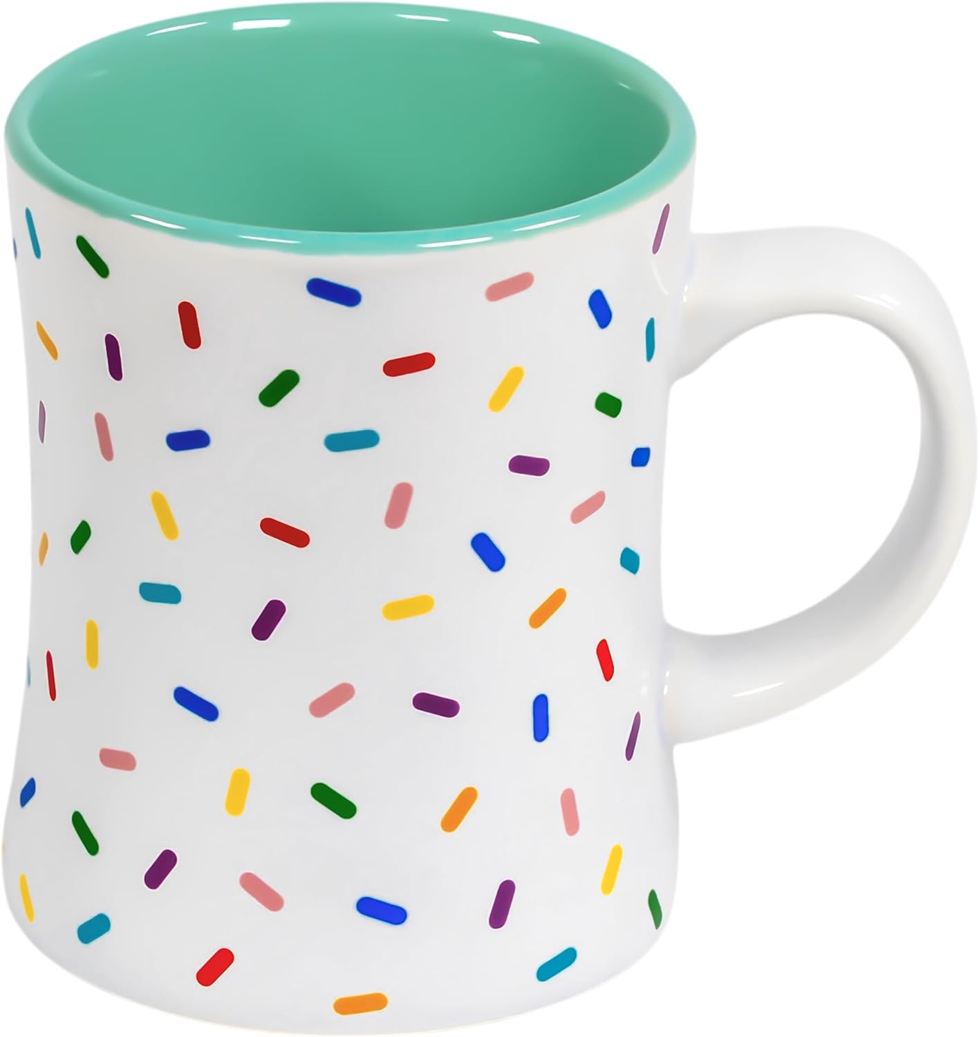 Mug | Mint Green Cute Coffee Mug with Rainbow Sprinkles | Birthday Cake Coffee Cup Gift | White Ceramic Cup with Green, Yellow, Red, Pink, and Blue Sprinkles | Fun Colorful Pattern