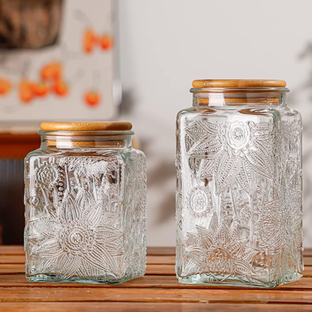 ANSQU Coffee Canister with Lid, 34oz Glass Food Storage Containers, Airtight Coffee Grounds Container for Kitchen Counter, Pantry Candy, Tea, Sugar (Square, Sunflower)